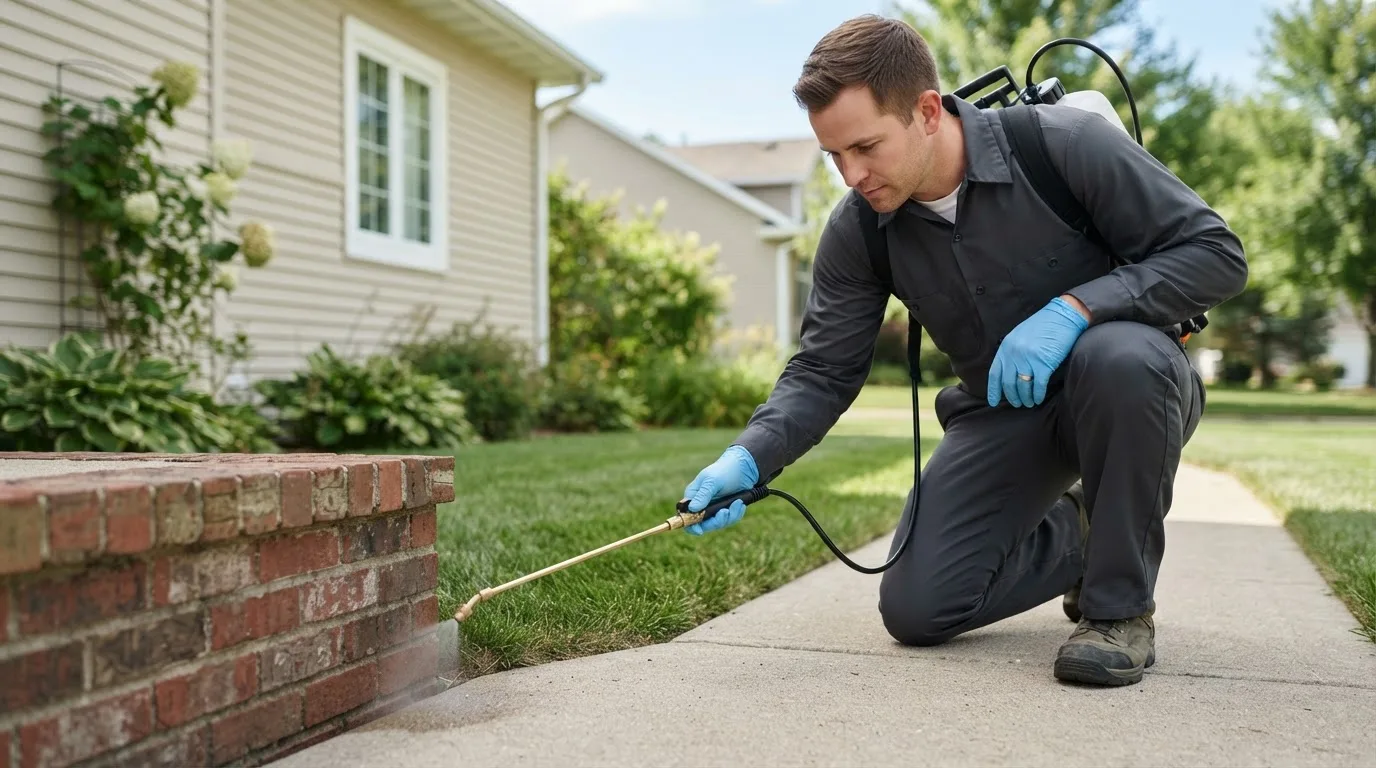 Pest control technician treating a home near Nashoba, OK