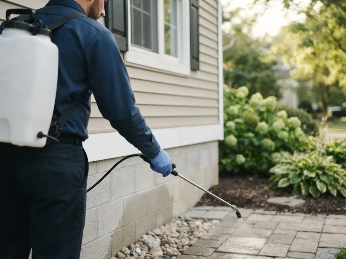 Pest control technician inspecting a home in Nashoba, OK